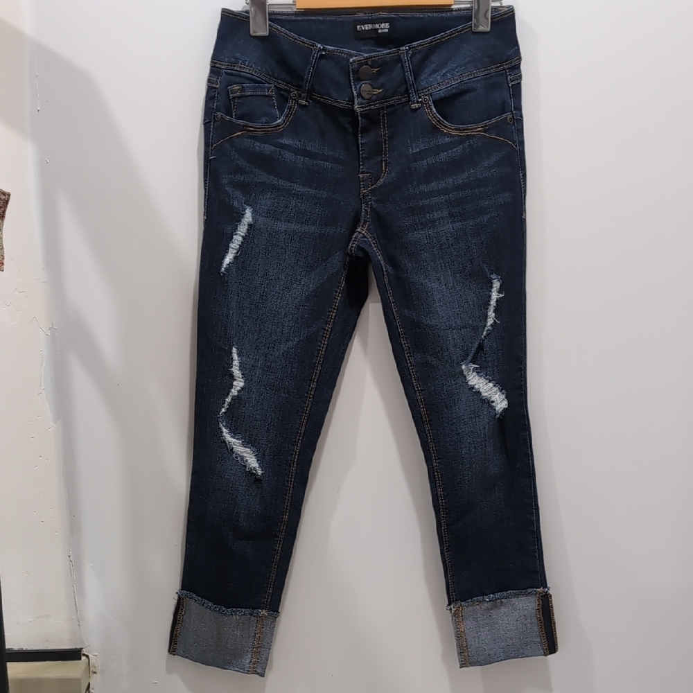 EVERMORE | Junior Girls Meidum Wash Distressed Cropped Cuffed Hem Stretchy Jeans